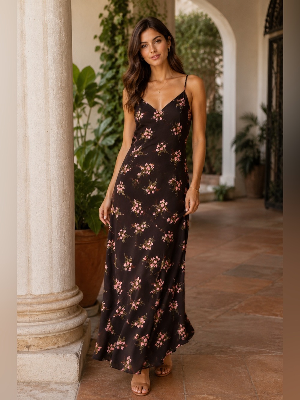 ZARA Floral Printed Maxi Slip Dress Espresso Brown Pink Floral NWT- Size Large